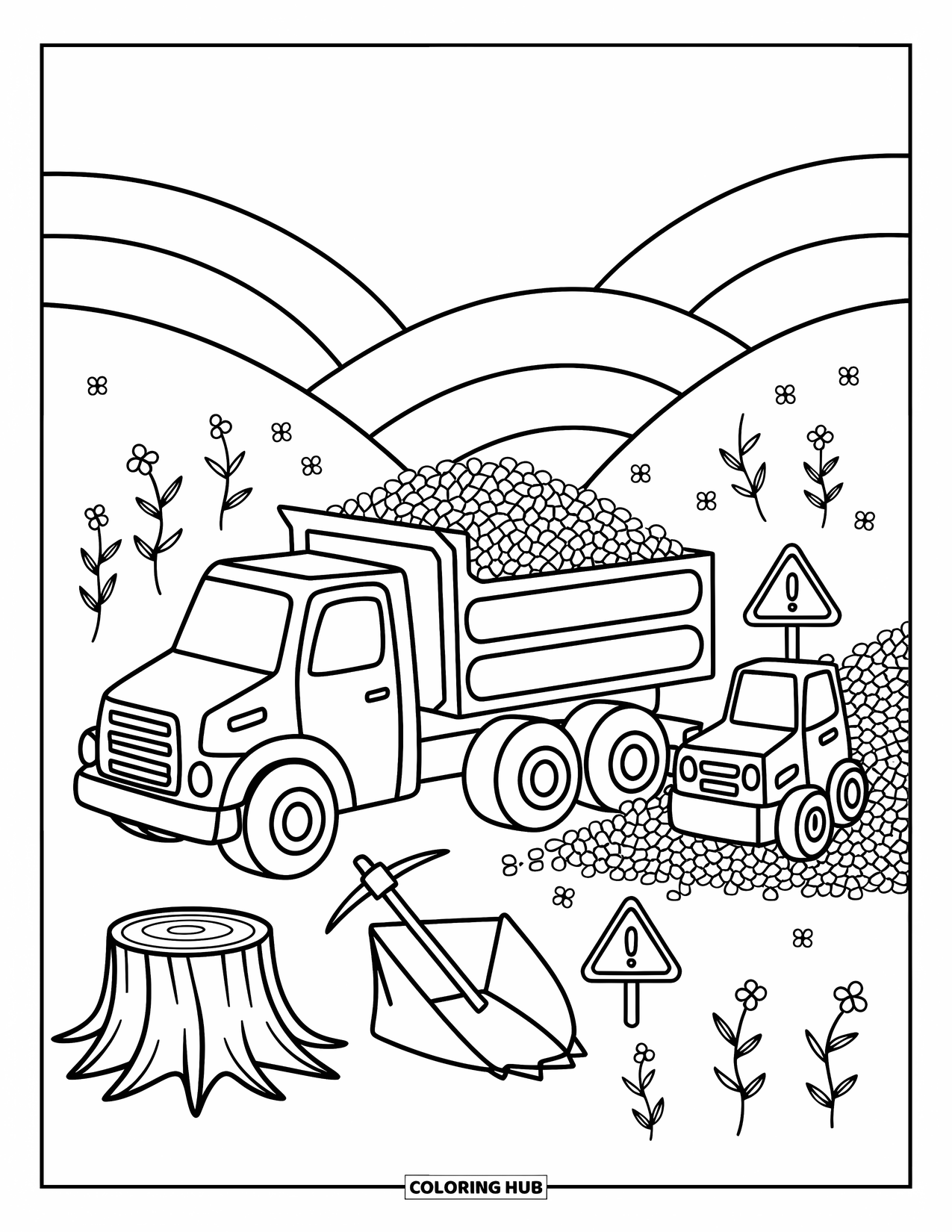 Dump Truck Coloring Page for Adults: A tiny truck rests beside a gravel pile with buckets, signs, and a little loader