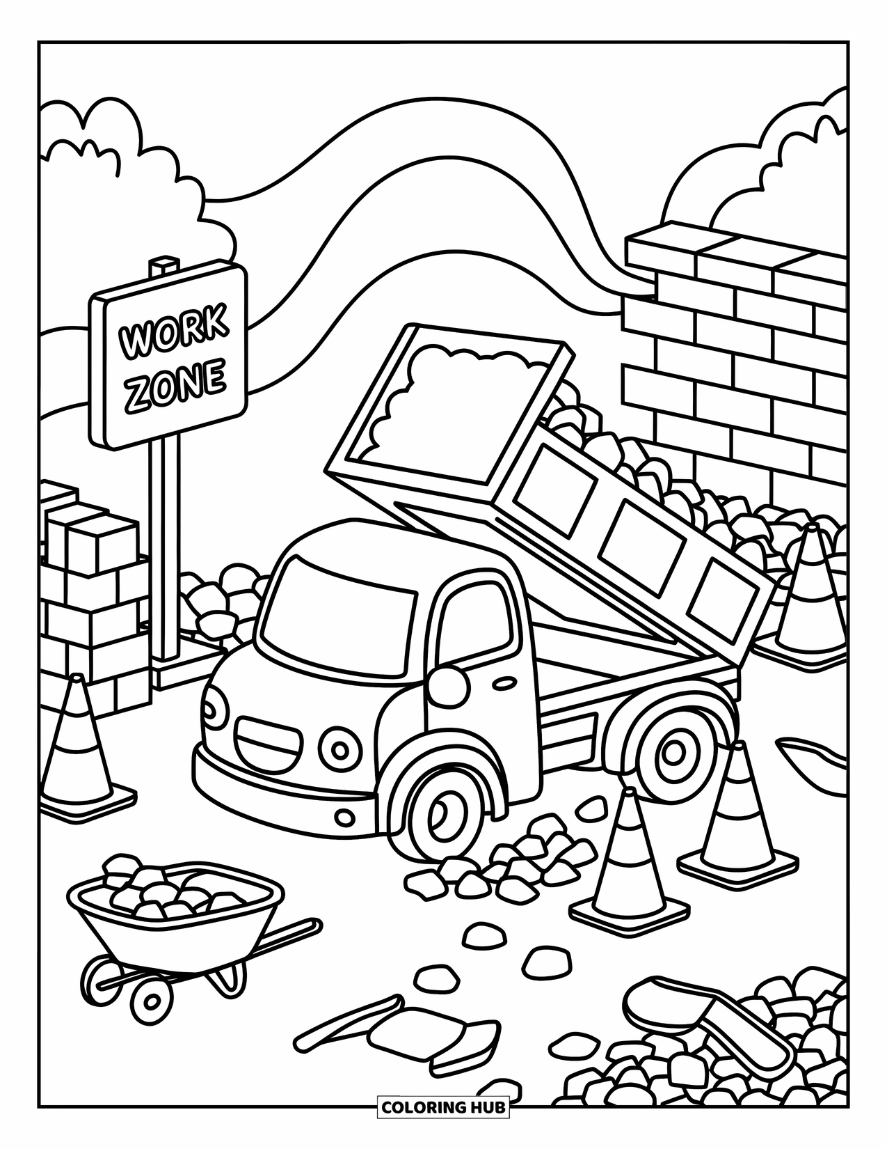Dump Truck Coloring Page for Adults: An adorable dump truck unloads rocks beside signs, tools, and a half-built wall