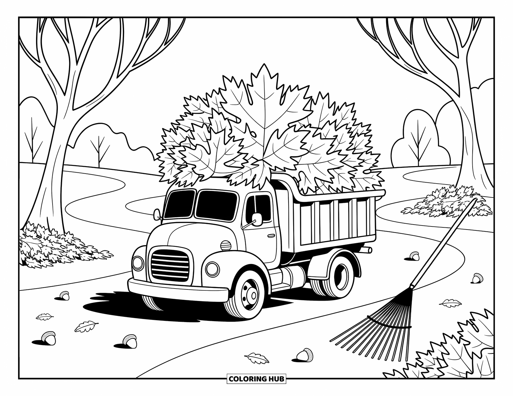 Dump Truck Coloring Page for Adults: An adorable truck hauls leaves past winding park paths, bare trees, and tiny scattered acorns