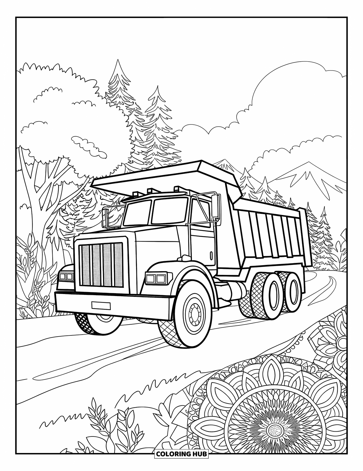 Dump Truck Coloring Page for Adults: Centered dump truck sits on a dirt road surrounded by full-page leaf and flower mandalas