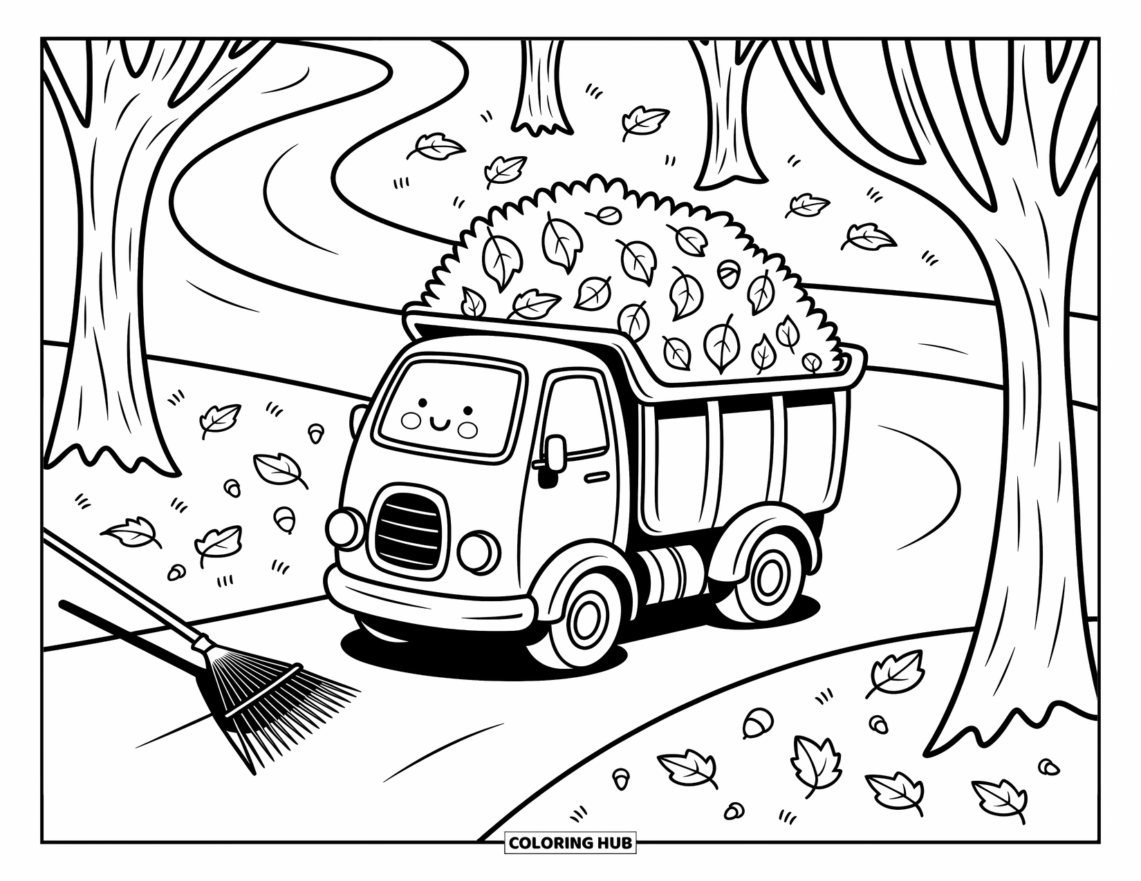 Dump Truck Coloring Page for Adults: Dump truck brims with fluffy leaves as it rolls through a cozy, leaf-strewn park
