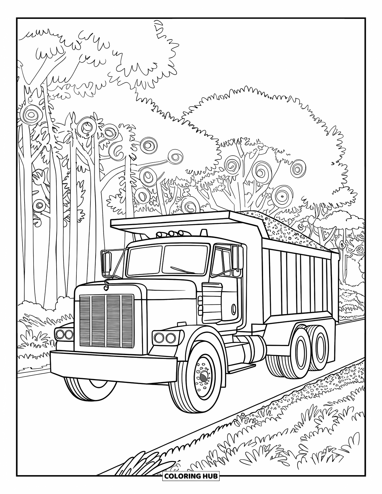 Dump Truck Coloring Page for Adults: Dump truck drives a leafy road with tall trees and swirling botanical patterns