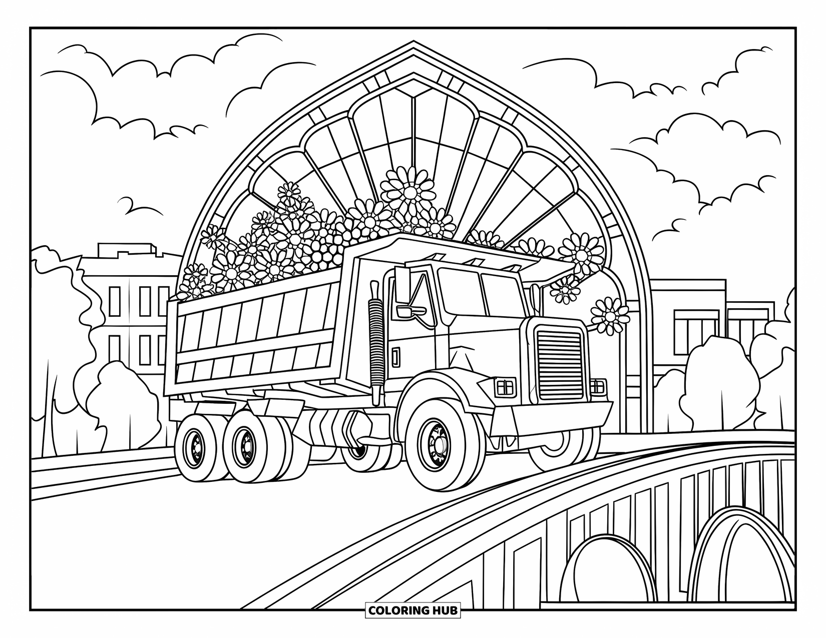 Dump Truck Coloring Page for Adults: Dump truck drives across a bridge under a floral stained glass arch with trees around