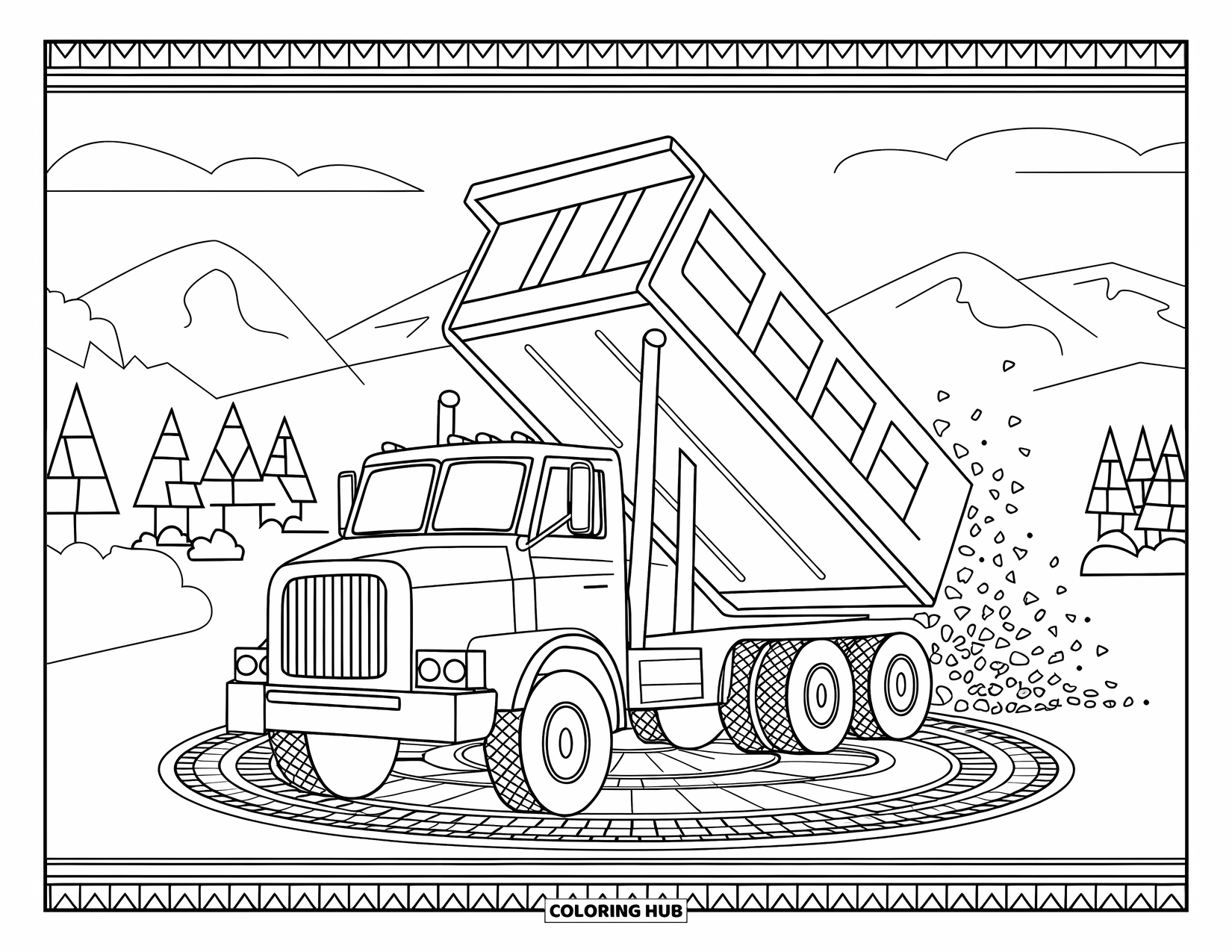 Dump Truck Coloring Page for Adults: Dump truck drops dirt into a decorative circle with trees, sky, and a mountain view