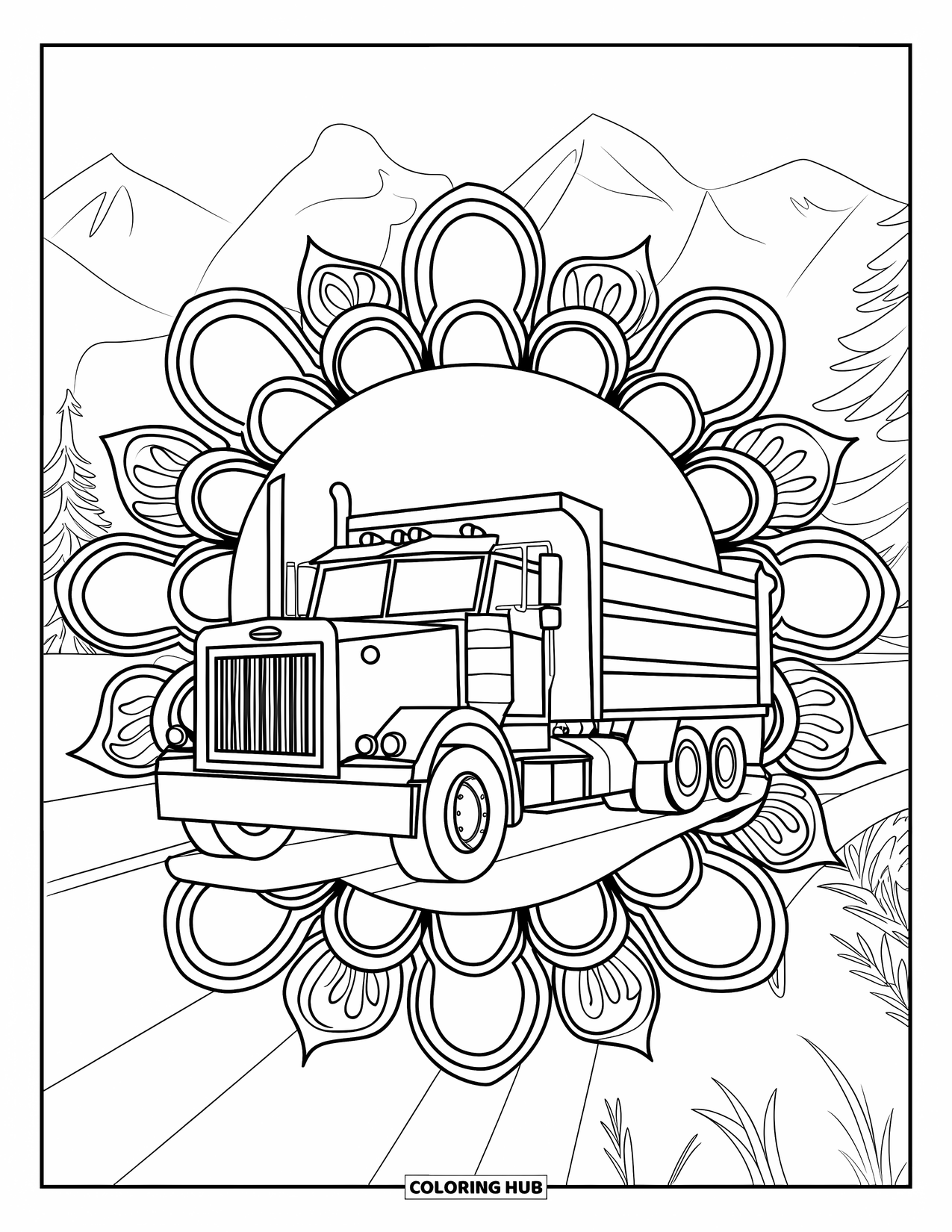 Dump Truck Coloring Page for Adults: Dump truck parked on a road surrounded by floral mandalas and mountain trees