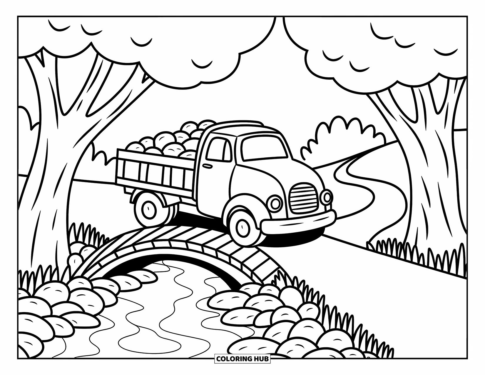 Dump Truck Coloring Page for Adults: Dump truck rests by a wooden bridge, ready to unload rounded stones near a quiet stream