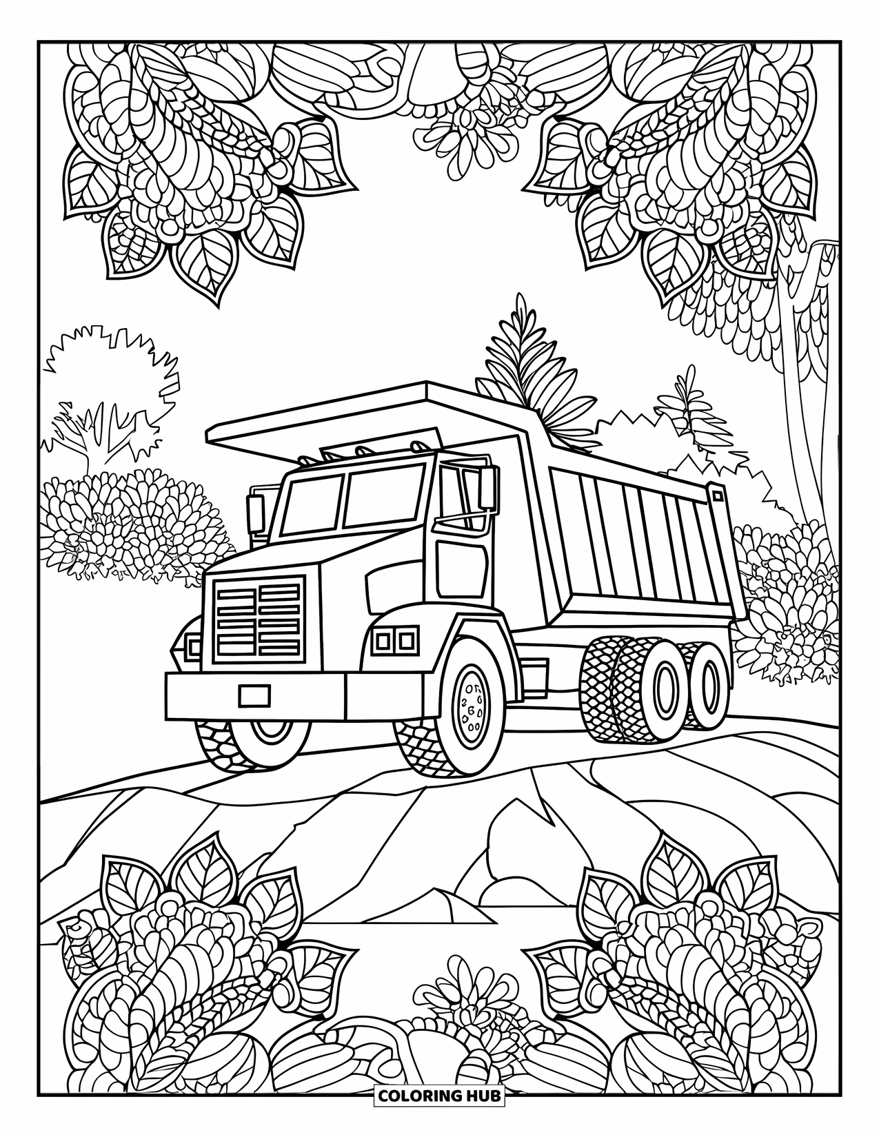 Dump Truck Coloring Page for Adults: Dump truck rests on rocky ground surrounded by swirling leaves, flowers, and vine patterns