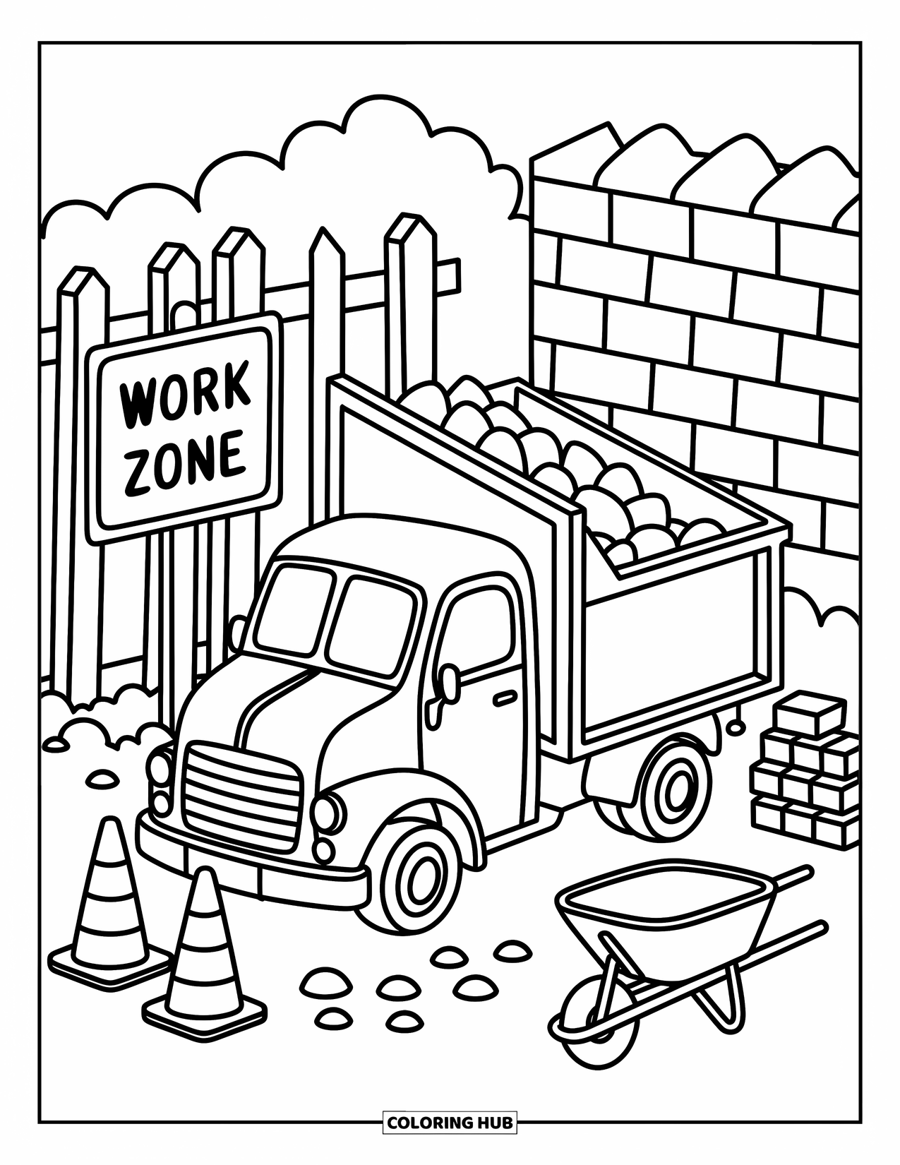 Dump Truck Coloring Page for Adults: Dump truck tilts in a cute work zone with bricks, cones, and a little wheelbarrow
