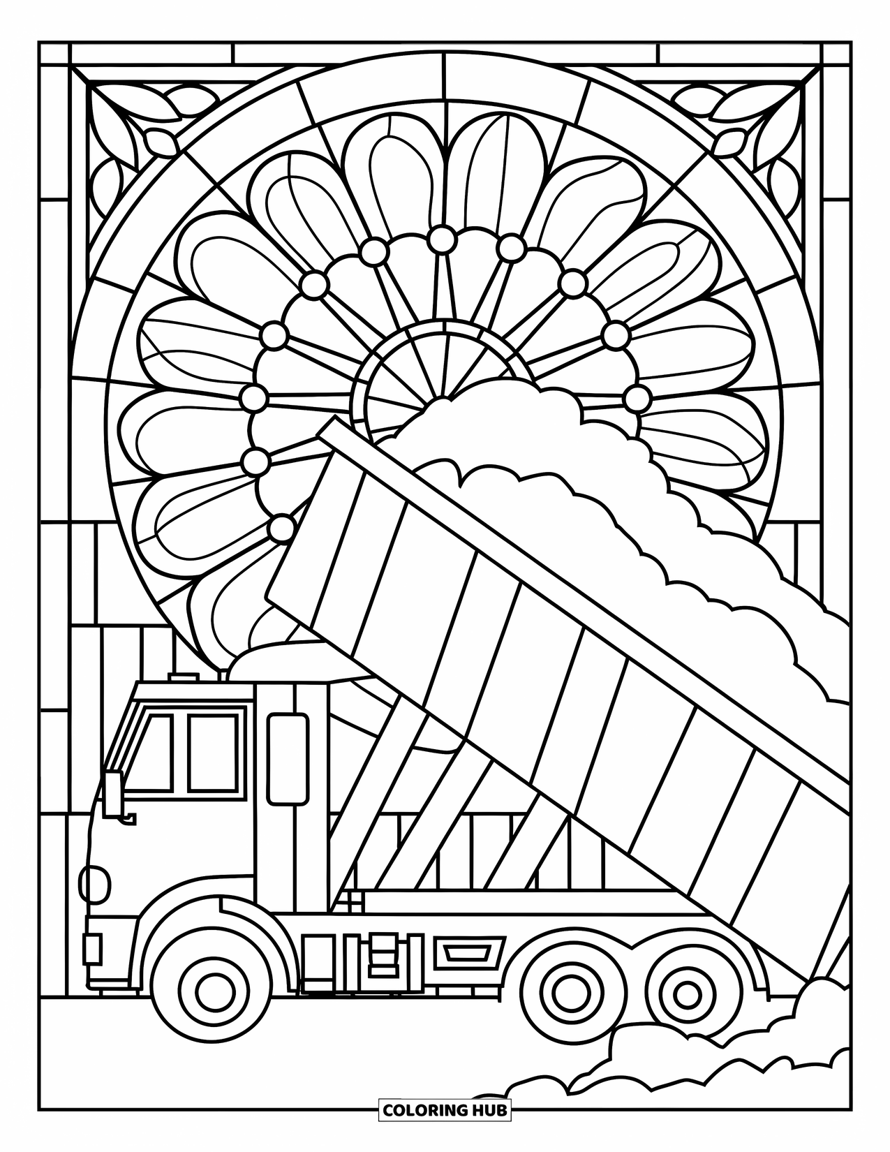 Dump Truck Coloring Page for Adults: Dump truck unloads dirt beneath a stained glass floral window