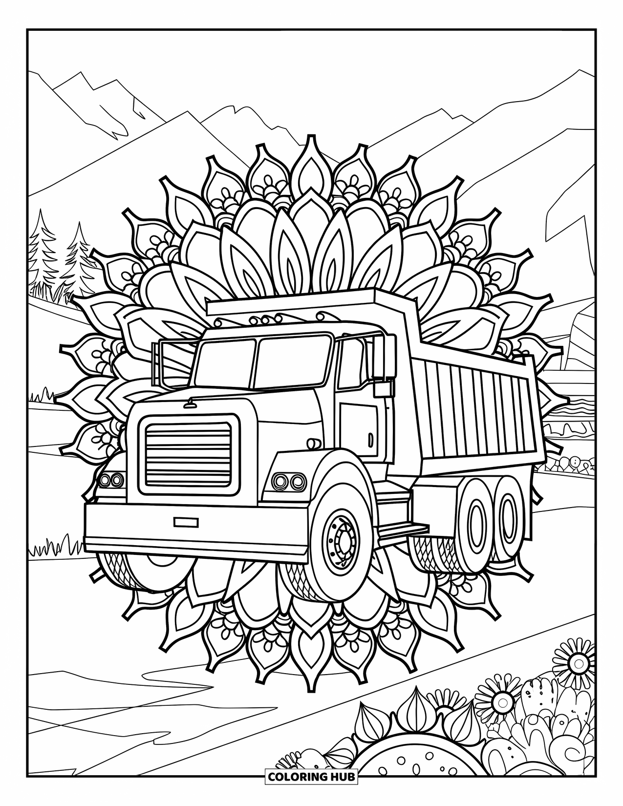Dump Truck Coloring Page for Adults: Front-facing dump truck is framed by floral mandala bursts and mountain scenery