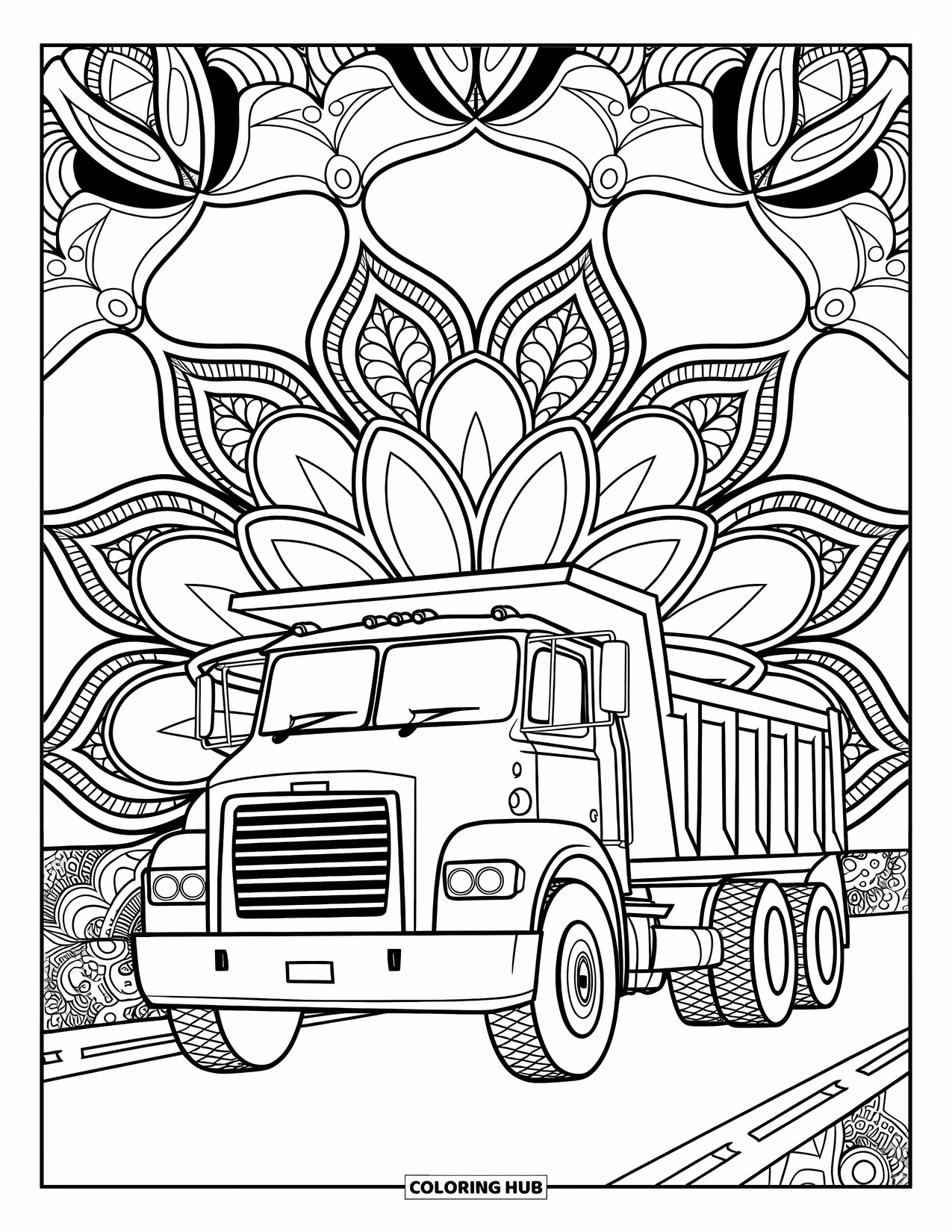 Dump Truck Coloring Page for Adults: Front-facing truck sits among floral mandalas with a beautifully detailed background