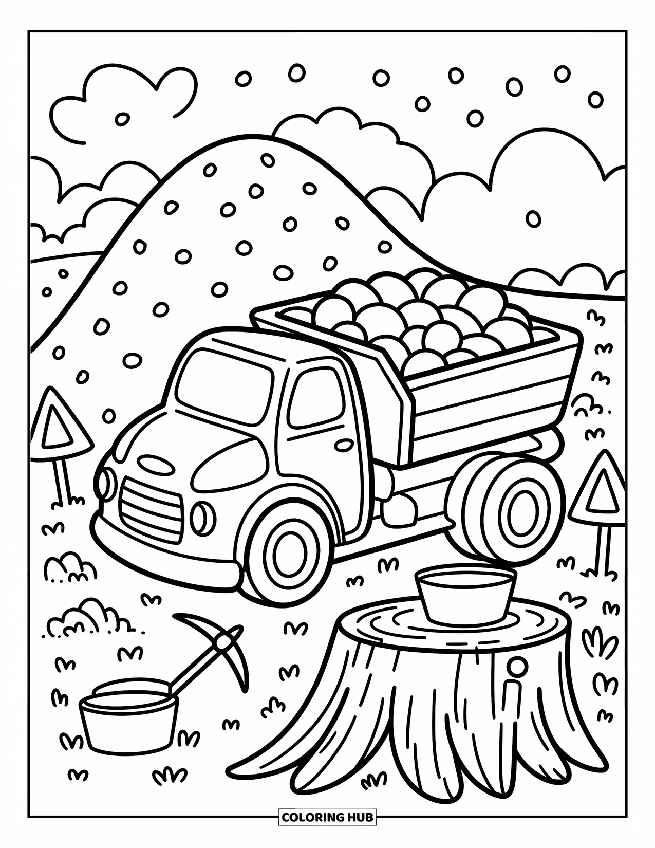Dump Truck Coloring Page for Adults: Stones spill from a cute truck near a loader, safety signs, and wildflowers