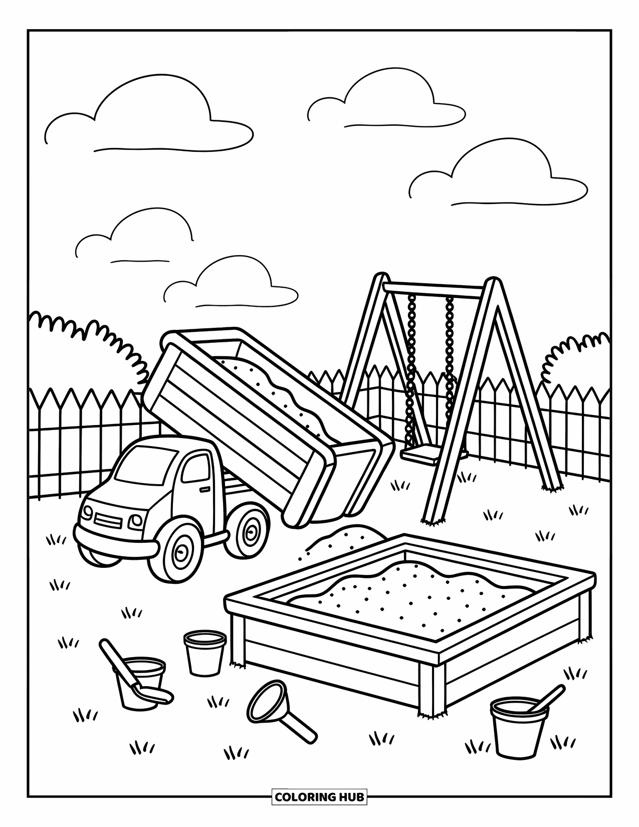 Dump Truck Coloring Page for Adults: Truck spills sand next to a playful swing set and scattered toy buckets in the grass