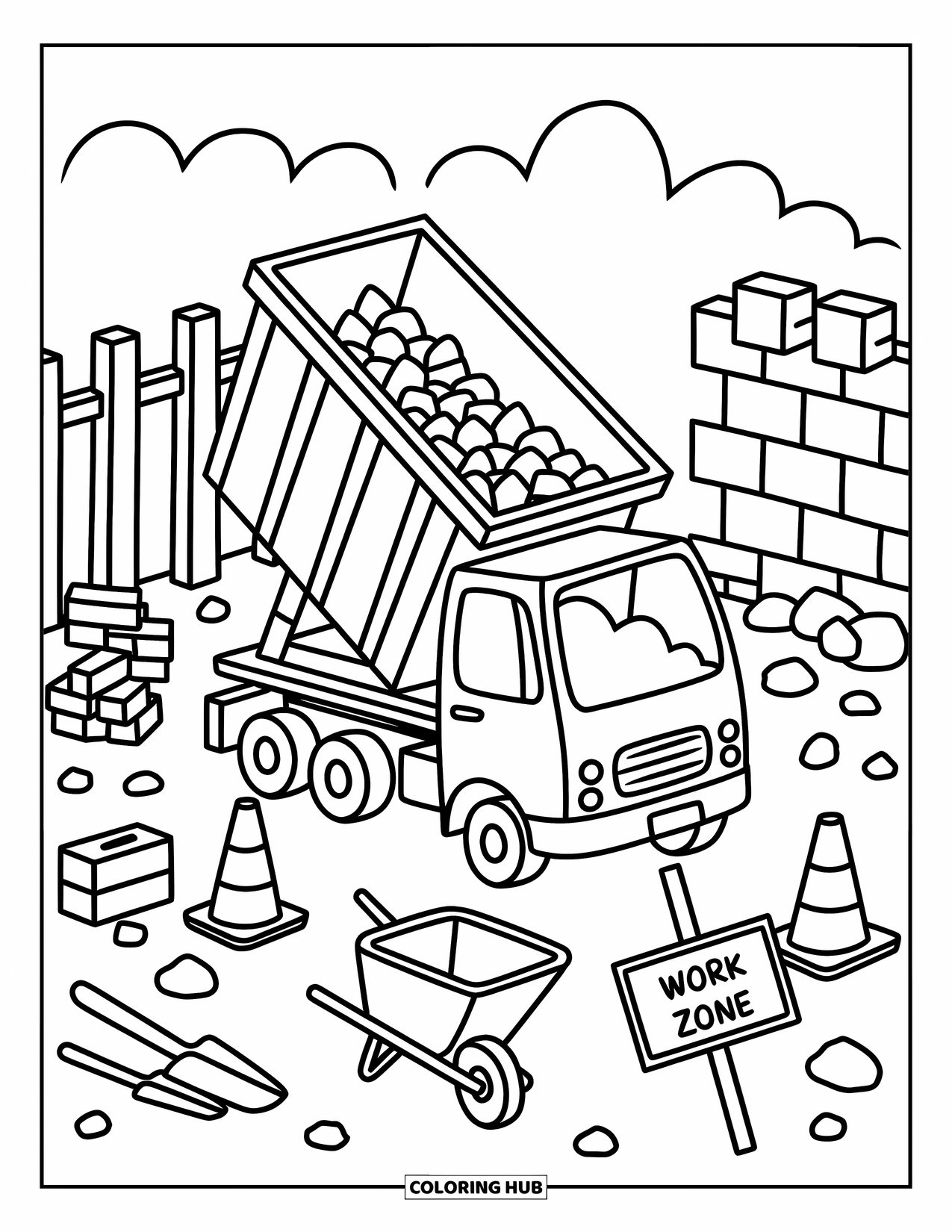Dump Truck Coloring Page for Adults: Truck spills stones in a mini work zone with bricks, cones, and a simple wooden fence