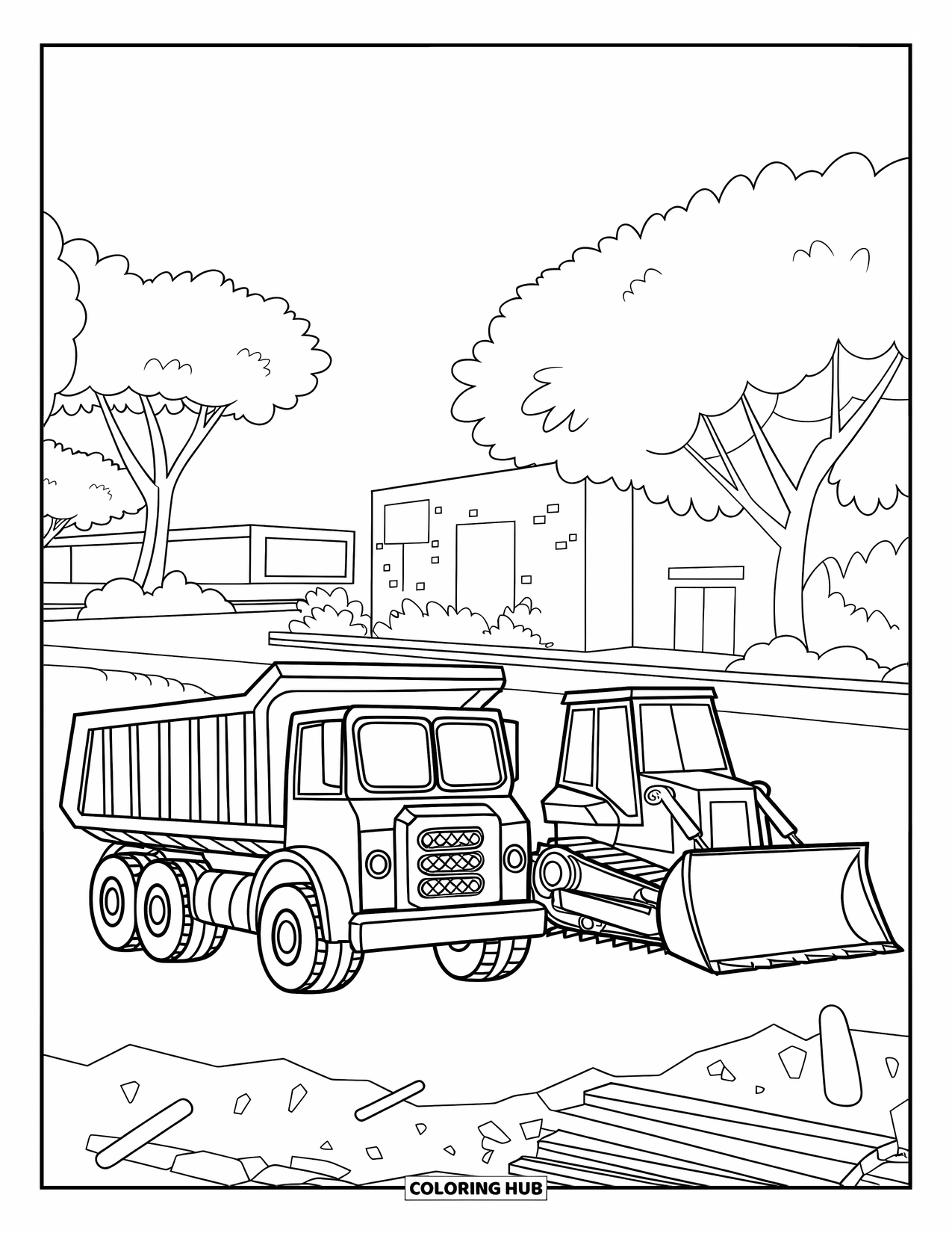 Dump Truck Coloring Page for Kids: A dump truck and bulldozer parked together at a cleared work zone