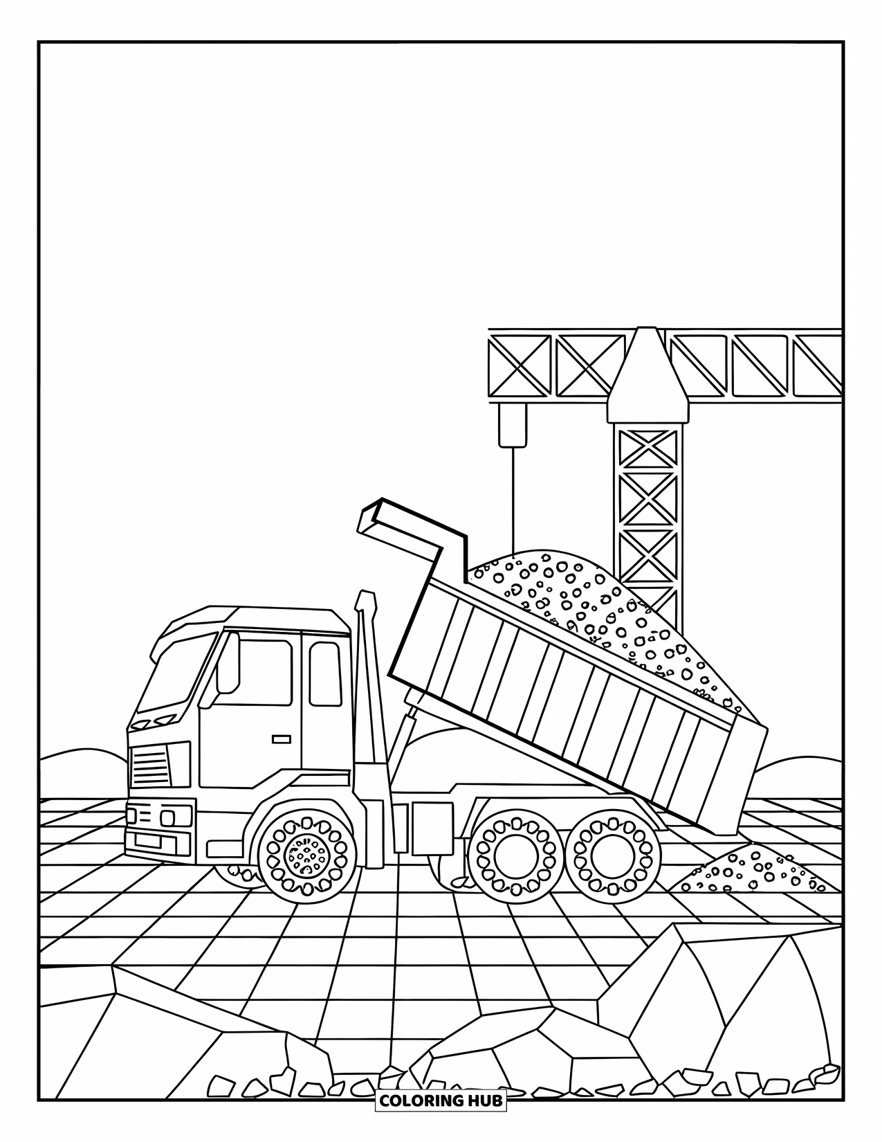 Dump Truck Coloring Page for Kids: A dump truck beside a crane on tiled ground, surrounded by small rocks and a clear background
