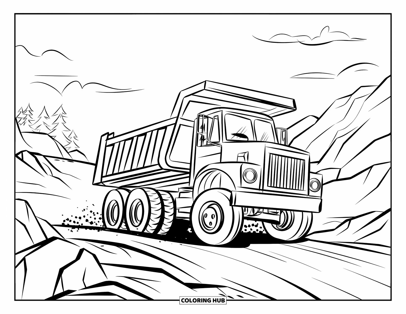 Dump Truck Coloring Page for Kids: A dump truck bounces over rocky ground with one wheel lifted