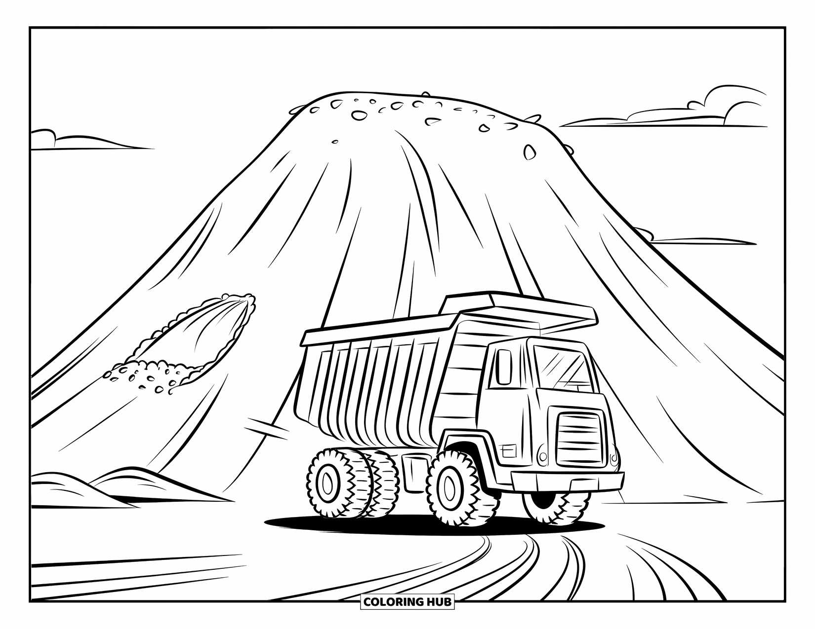 Dump Truck Coloring Page for Kids: A dump truck by a dirt hill with tire tracks and little mounds all around