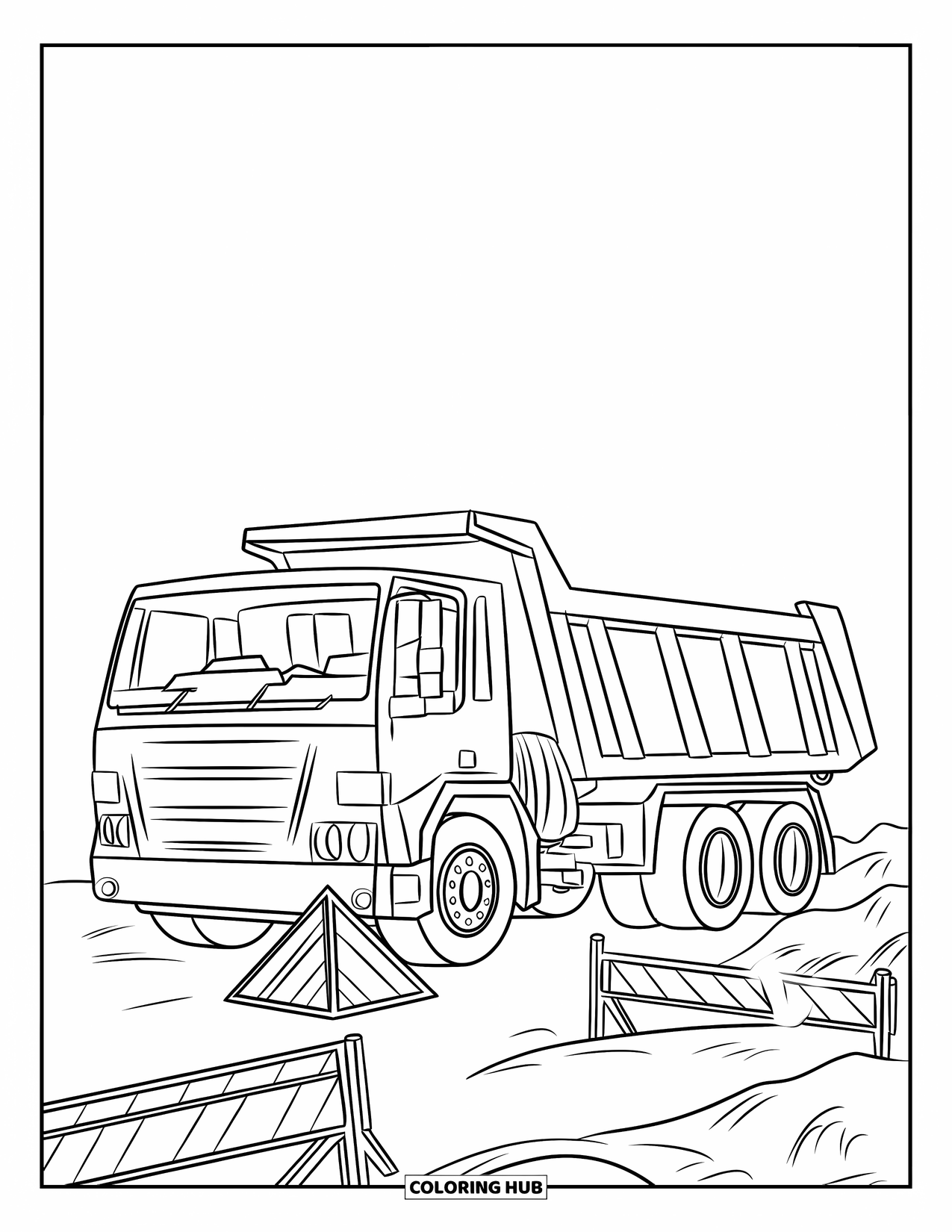 Dump Truck Coloring Page for Kids: A dump truck by a large hole and bright barriers at an excavation site