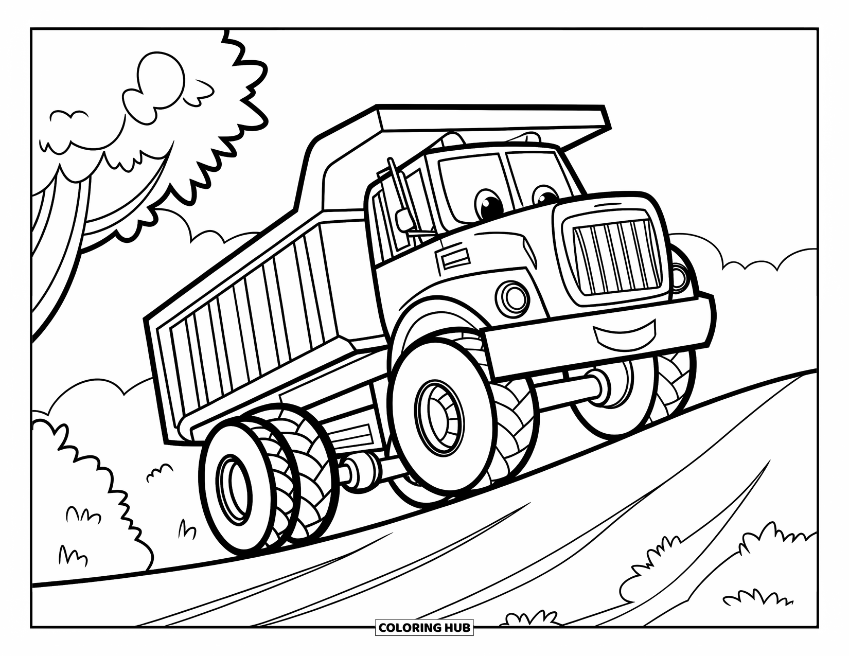 Dump Truck Coloring Page for Kids: A dump truck climbing a hill with trees and sky behind, drawn with bold, simple outlines