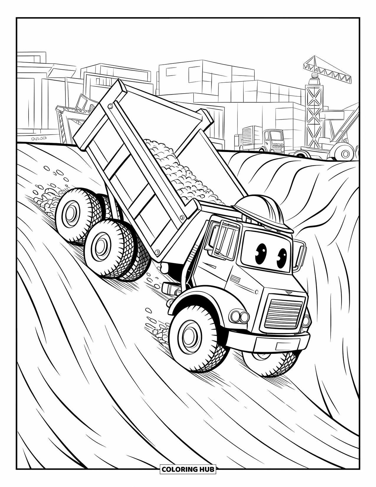 Dump Truck Coloring Page for Kids: A dump truck dumping sand on a slope with layered ground below