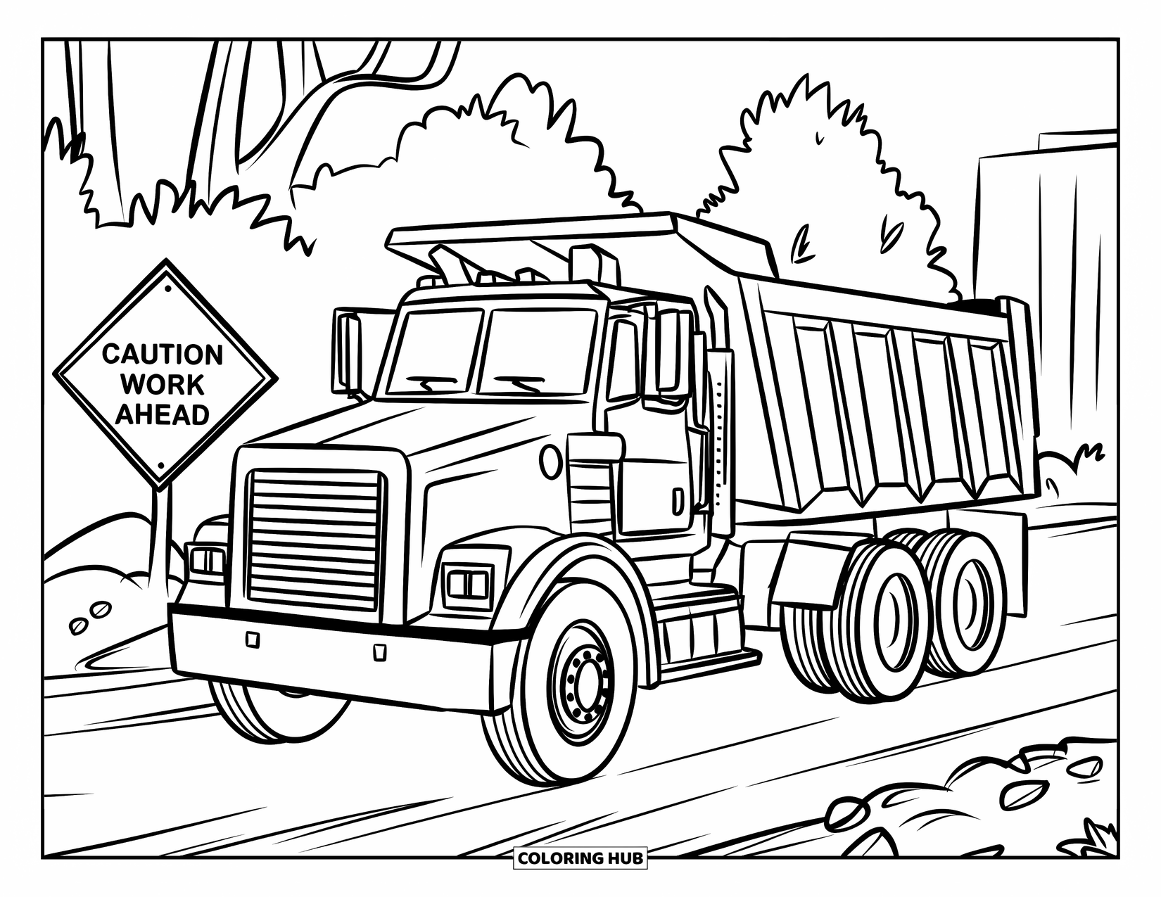Dump Truck Coloring Page for Kids: A dump truck faces a sign that says "Caution - Work Ahead" on a dirt path