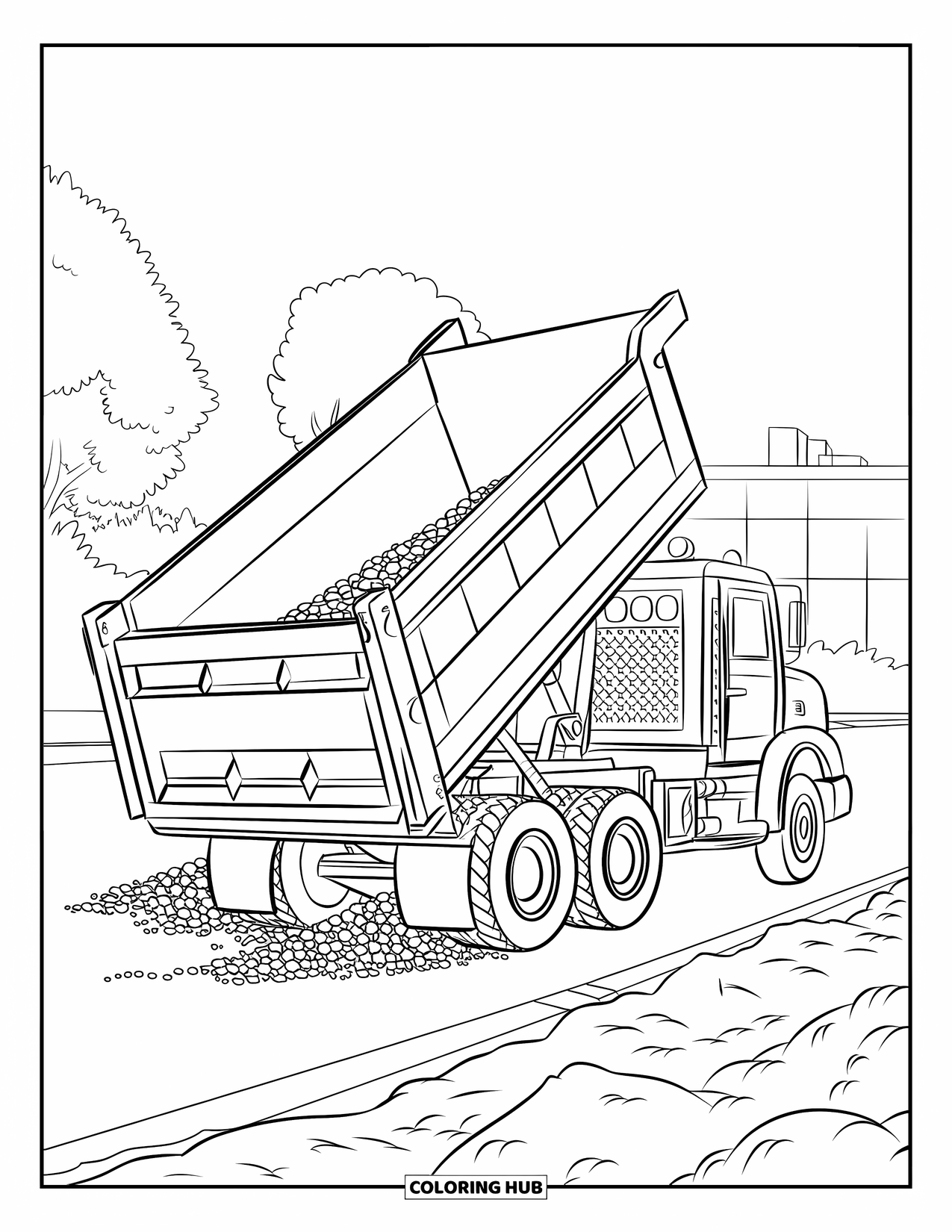 Dump Truck Coloring Page for Kids: A dump truck in motion with hydraulic lift over a pit of gravel