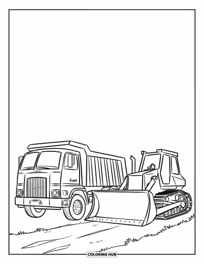 Målarbild med lastbil för barn: En lastbil märkt "Dump Truck" står bredvid en kompis märkt "Bulldozer"