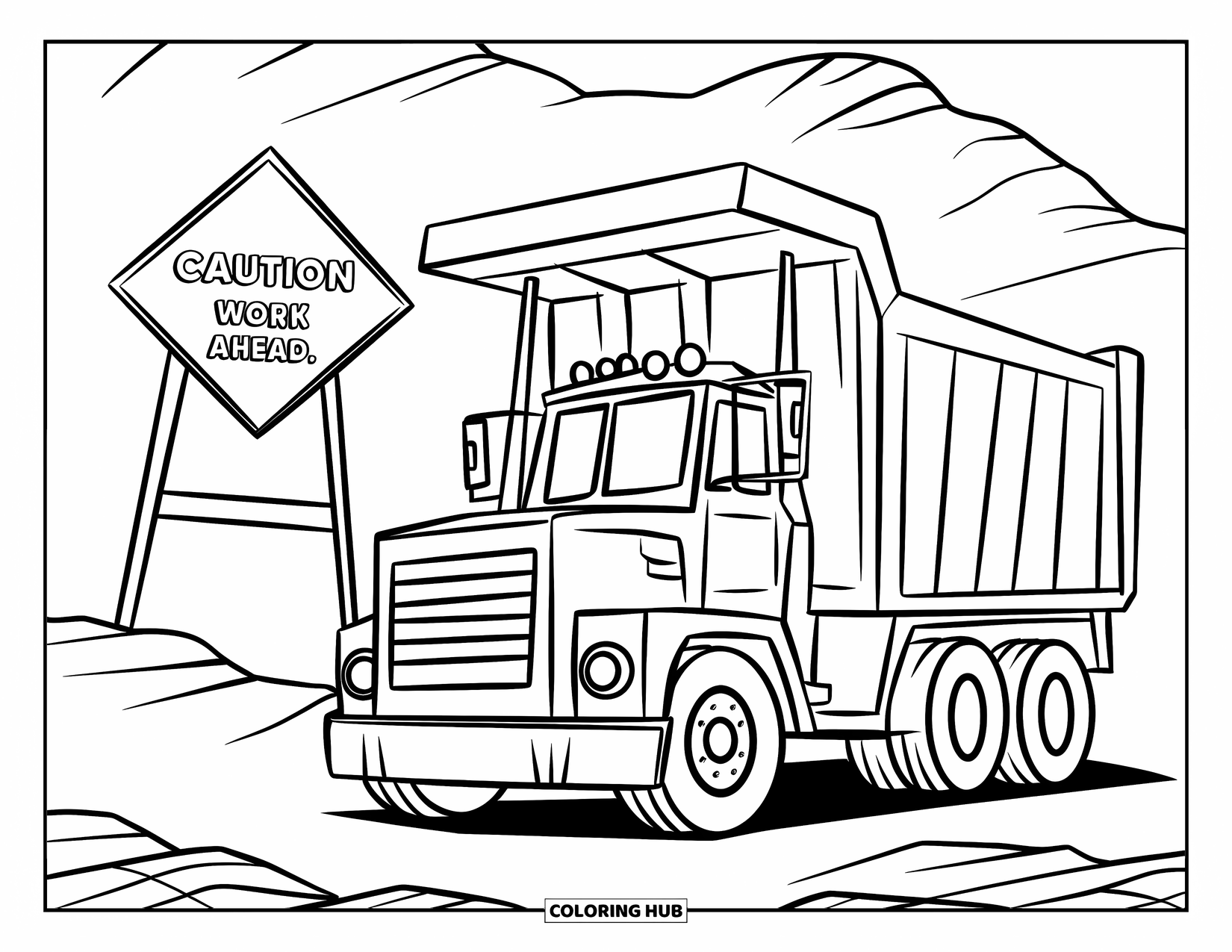Dump Truck Coloring Page for Kids: A dump truck near a work sign, piles of dirt and rocks in the background
