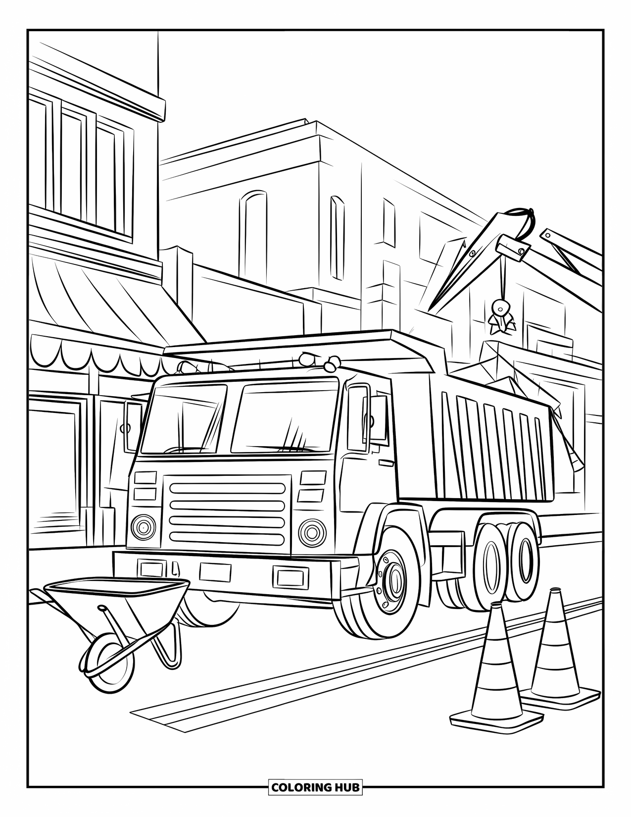 Dump Truck Coloring Page for Kids: A dump truck surrounded by cones, a wheelbarrow, and a crane arm