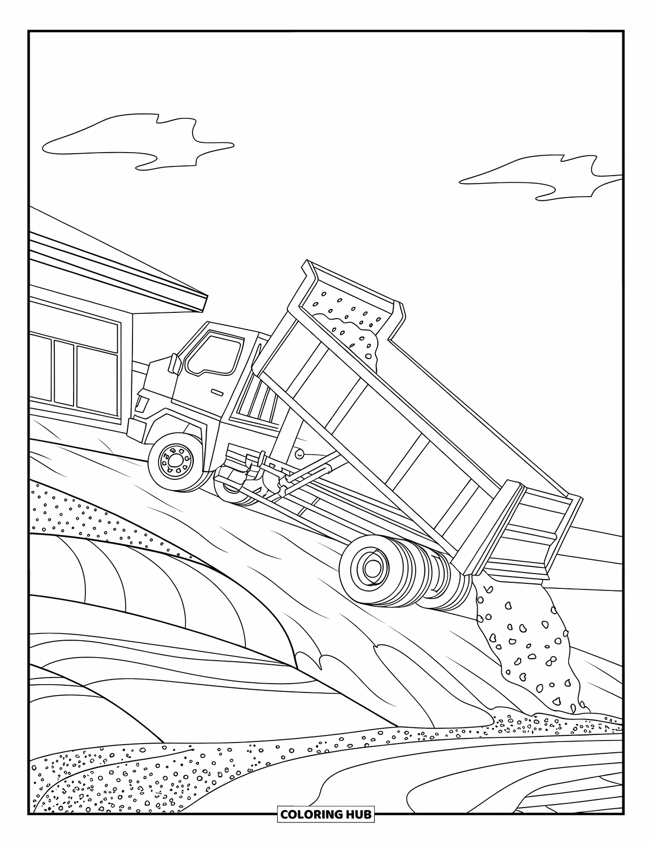 Dump Truck Coloring Page for Kids: A dump truck tilting its bed as sand pours onto layered earth
