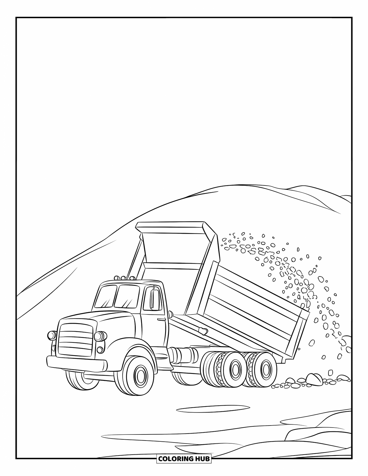 Dump Truck Coloring Page for Kids: A dump truck tipping beside a dirt hill, with only the truck and hill on a blank page