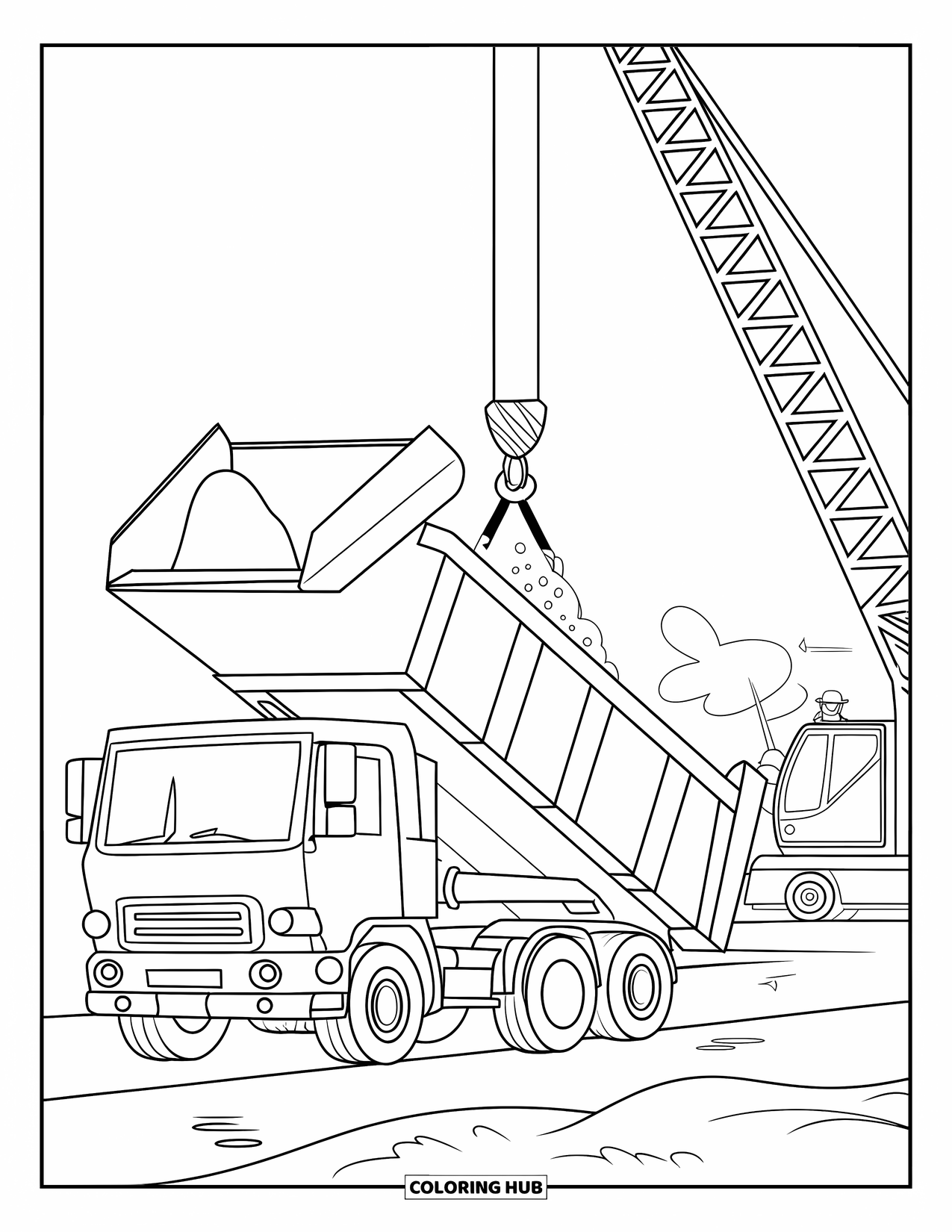 Dump Truck Coloring Page for Kids: A dump truck unloading gravel beside a crane in a simple construction zone with workers nearby