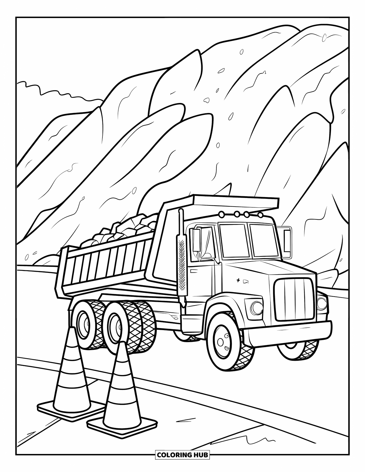 Dump Truck Coloring Page for Kids: A full dump truck drives past two cones near a rock mound