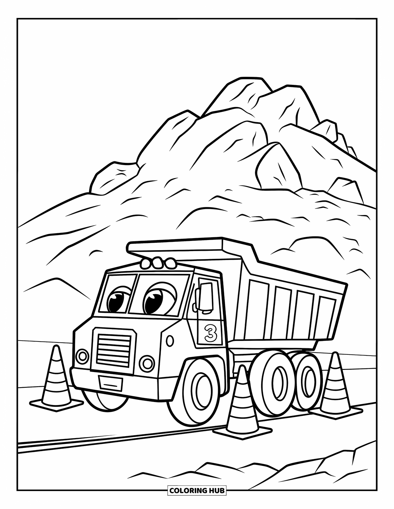 Dump Truck Coloring Page for Kids: A numbered dump truck and traffic cones by a rocky work zone