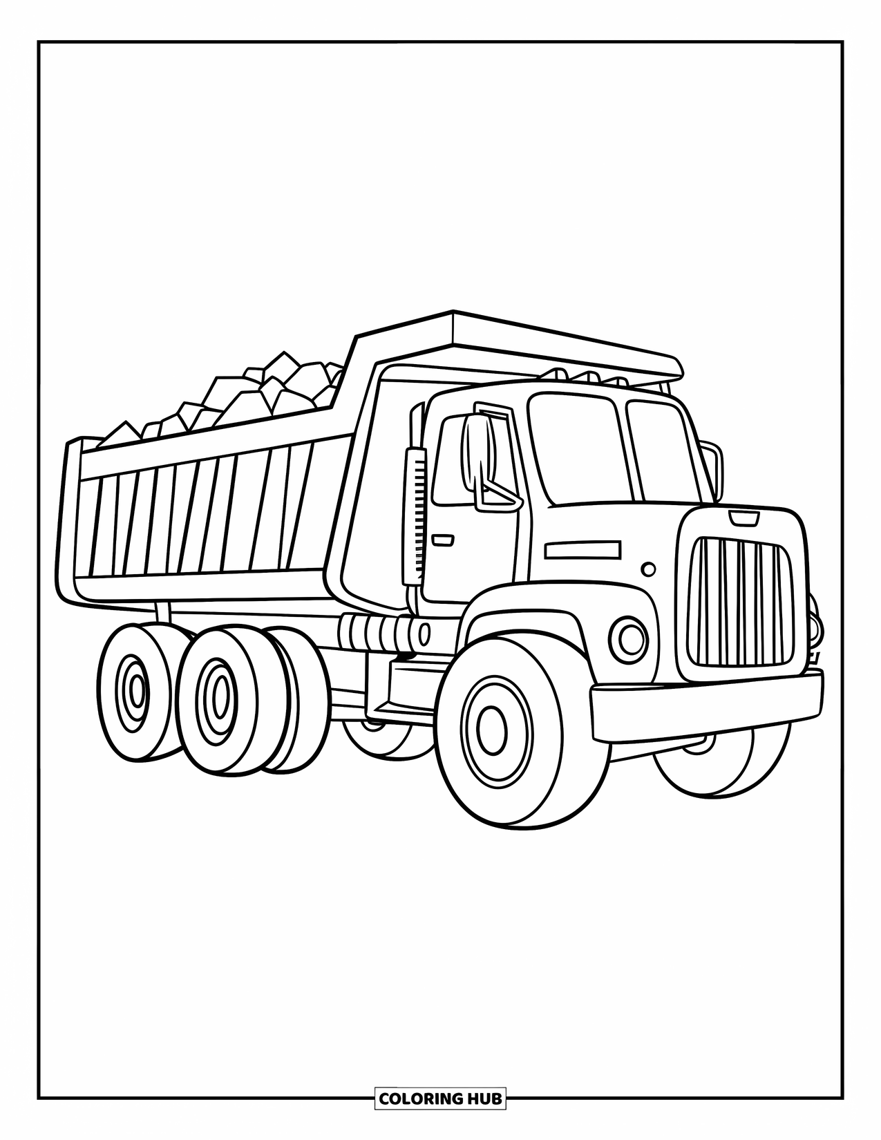 Dump Truck Coloring Page for Kids: A side view of a dump truck carrying rocks, with bold outlines and no background