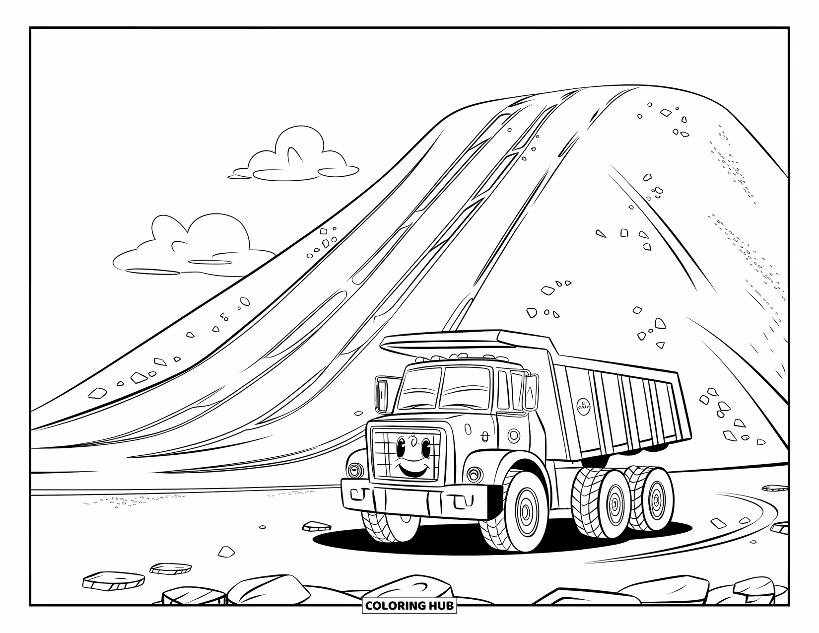 Dump Truck Coloring Page for Kids: A smiling dump truck in front of a big dirt hill with fluffy clouds above