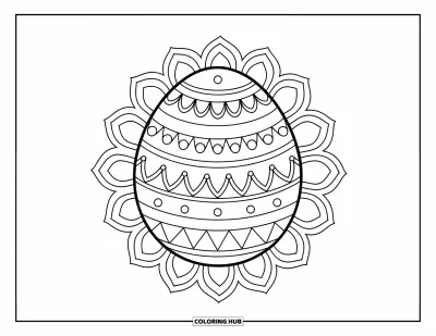 Easter Egg Coloring Page for Adults: A bold Easter egg with swirls and triangles is framed by mandala rings