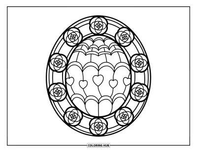 Easter Egg Coloring Page for Adults: A bold Easter egg with vine and heart patterns sits inside stained-glass roses