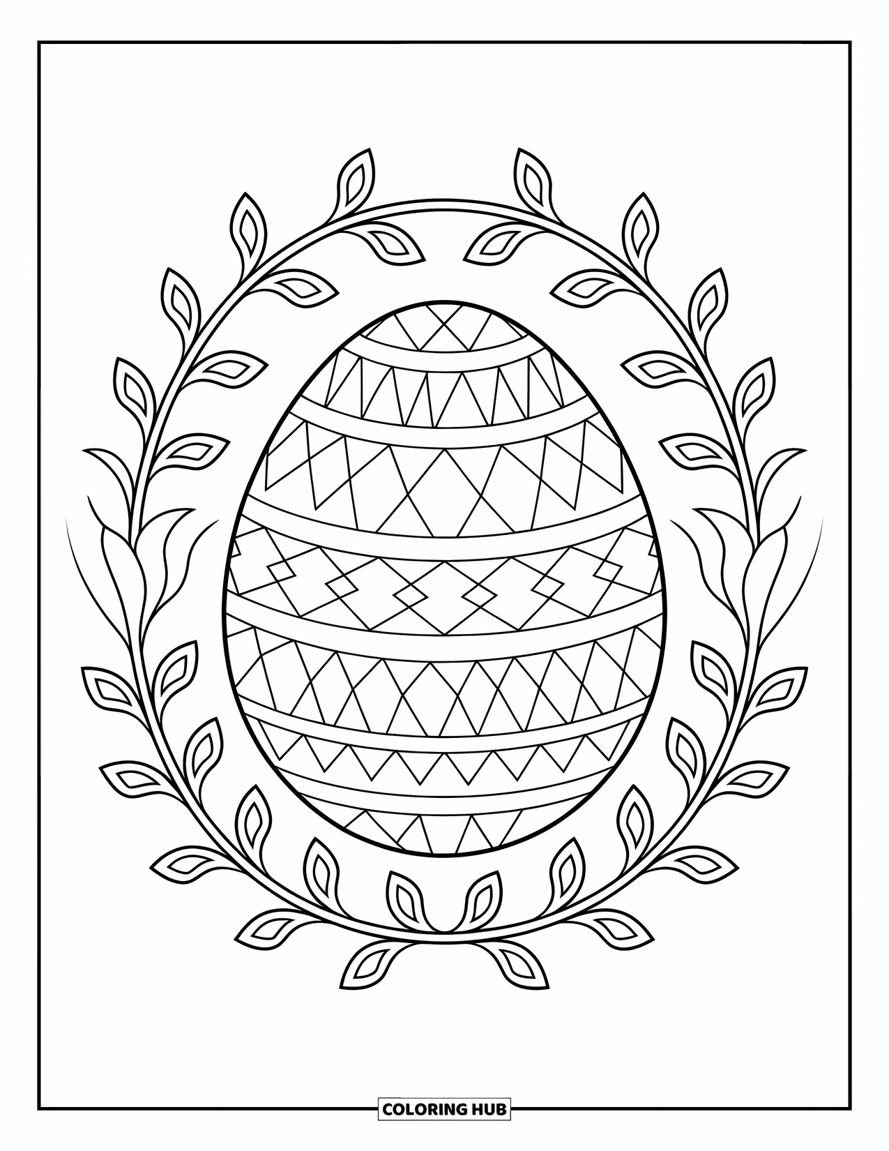 Easter Egg Coloring Page for Adults: A bold geometric egg with triangles is surrounded by curling mandala vines