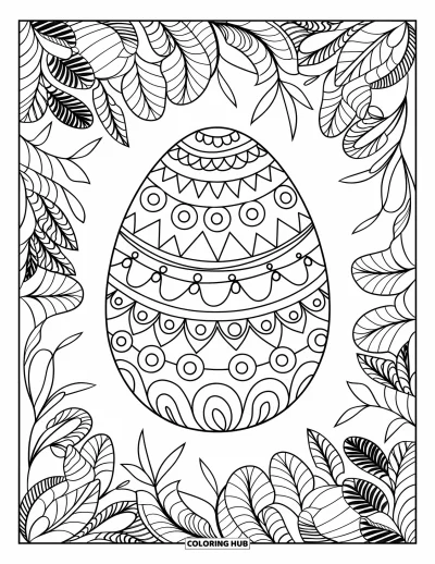 Easter Egg Coloring Page for Adults: A botanical mandala surrounds an egg with zigzags, spirals, and dots