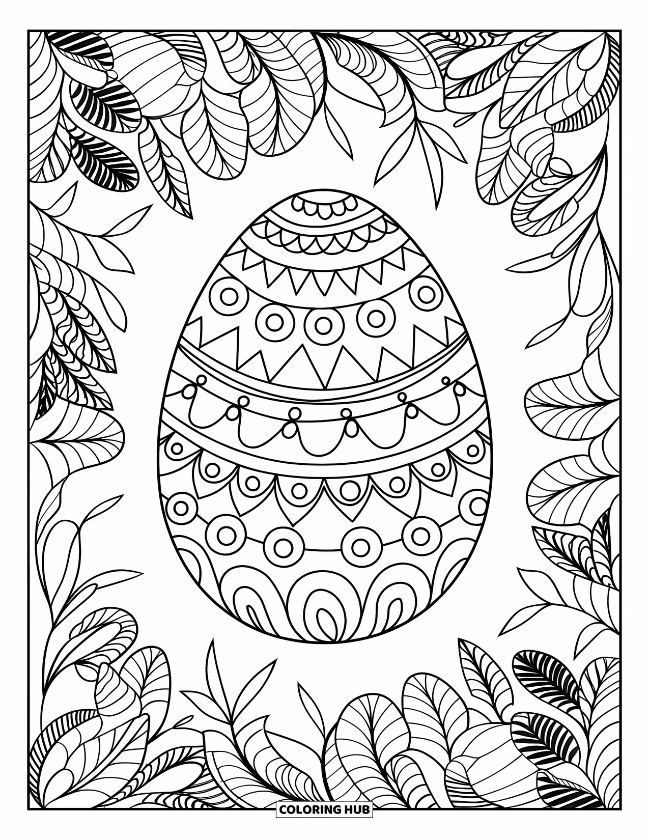Easter Egg Coloring Page for Adults: A botanical mandala surrounds an egg with zigzags, spirals, and dots