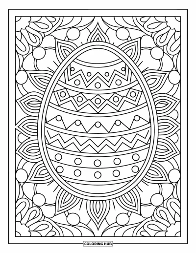 Easter Egg Coloring Page for Adults: A botanical mandala with spirals and zigzags surrounds a central Easter egg
