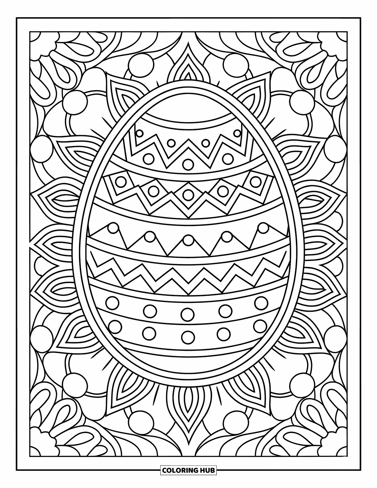 Easter Egg Coloring Page for Adults: A botanical mandala with spirals and zigzags surrounds a central Easter egg