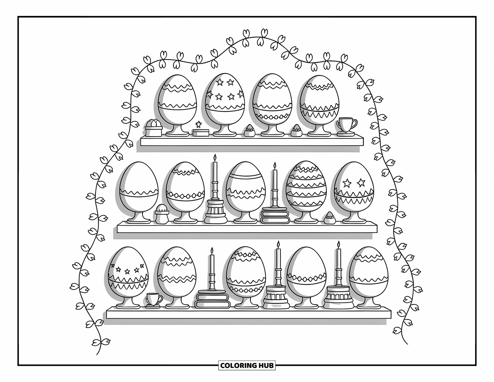 Easter Egg Coloring Page for Adults: A cozy shelf holds Easter eggs in teacups with linens and ivy draping down