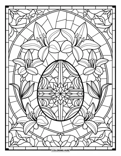 Easter Egg Coloring Page for Adults: A cross-hatch patterned egg is surrounded by lilies in stained-glass style