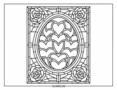Easter Egg Coloring Page for Adults: A decorated Easter egg with hearts and vines is framed by stained-glass roses