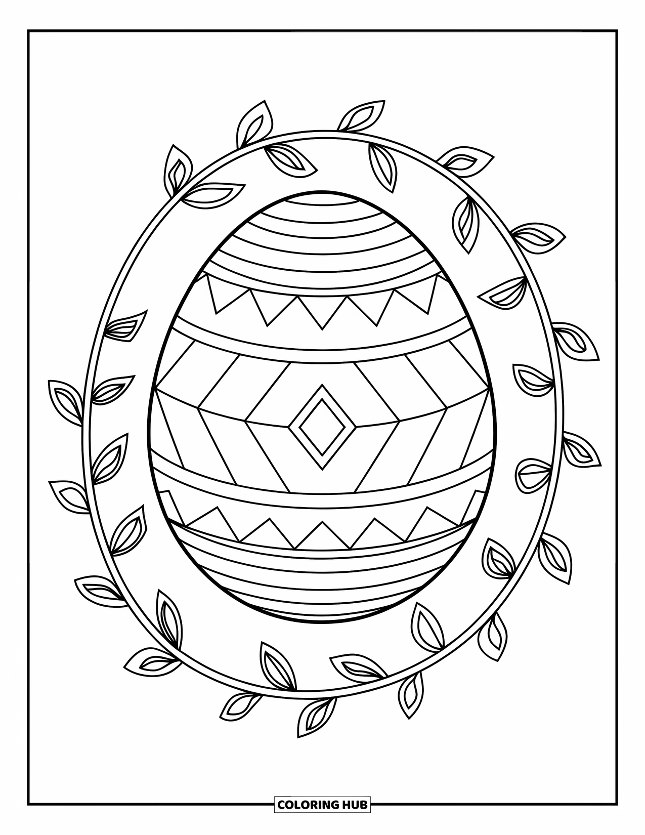 Easter Egg Coloring Page for Adults: A diamond and triangle egg is enclosed by mandala vines and leaves