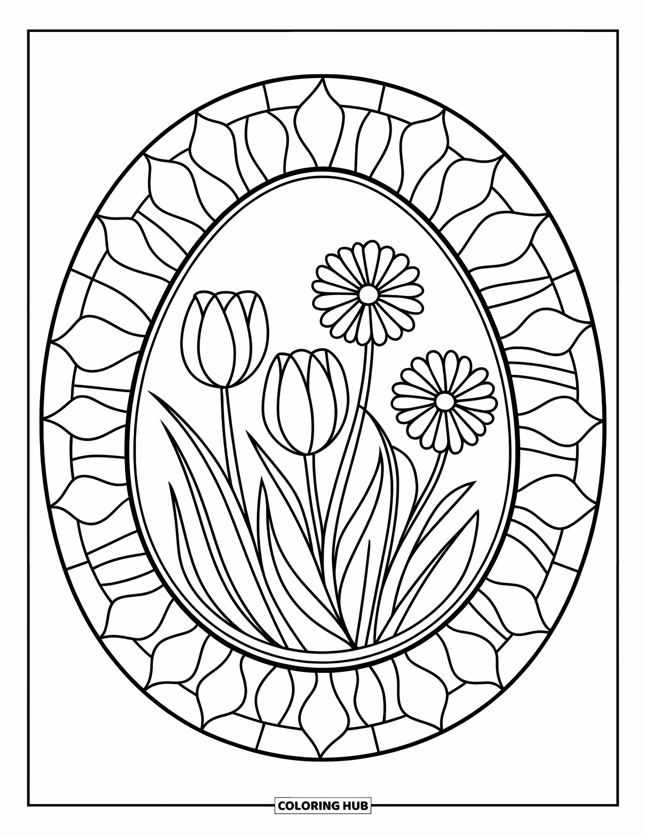 Easter Egg Coloring Page for Adults: A floral egg with tulips and daisies is framed by stained-glass petals