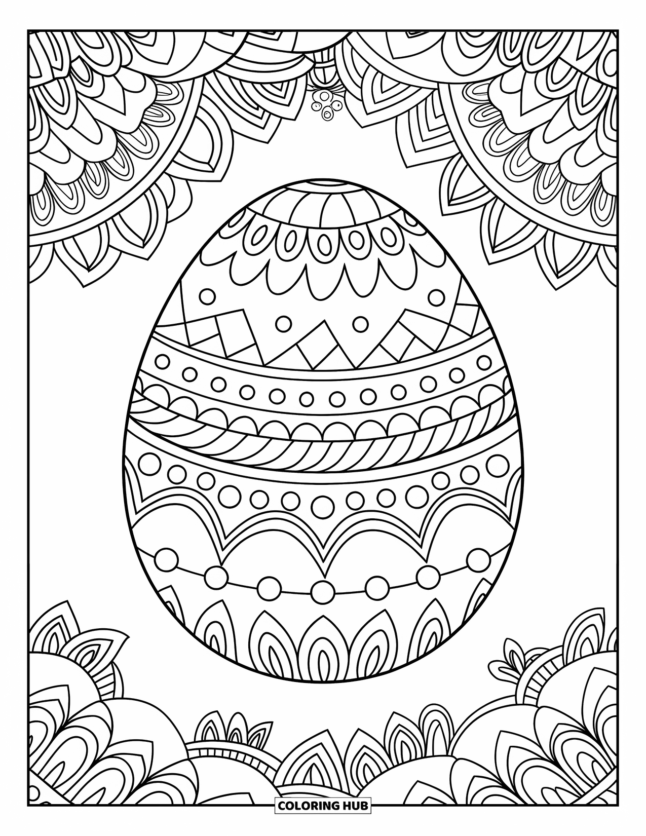 Easter Egg Coloring Page for Adults: A floral mandala frames an egg with layered zigzags and dots